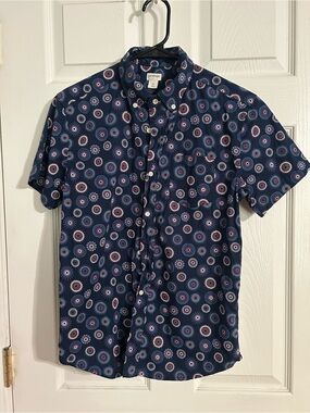 Crewcuts Navy Short-Sleeve Button-Down with Red & White Concentric Dot Print